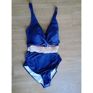 B2prity one piece swimsuit navy blue multicolored striped waistband NWT 2xl